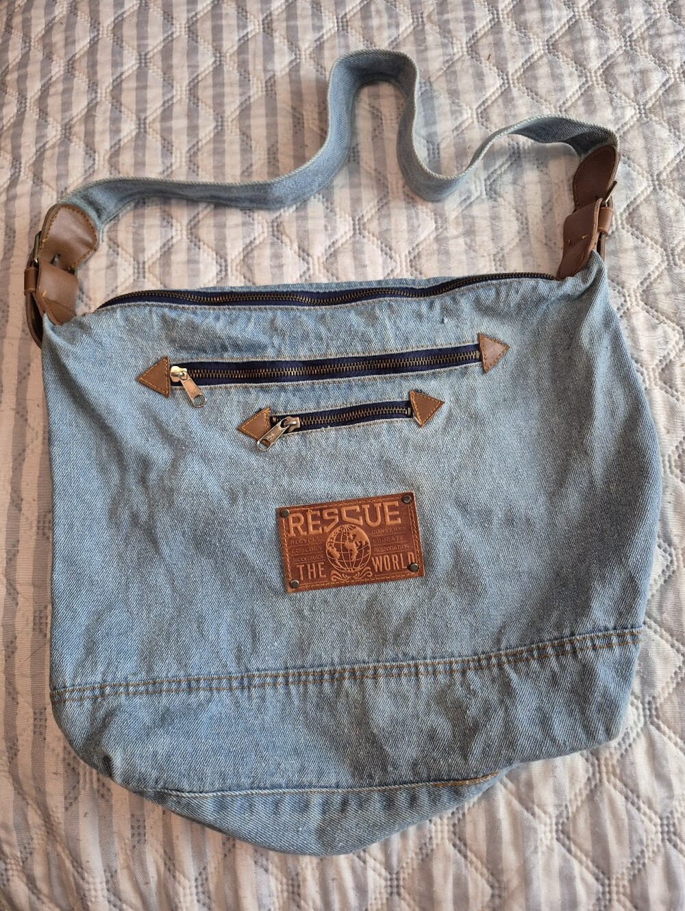 Denim Crossbody Bag with Leather-like.Trim - Light Blue